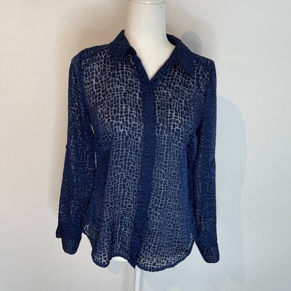 Ann Taylor Navy Sheer Button Down Shirt size 2P - Picture 1 of 4